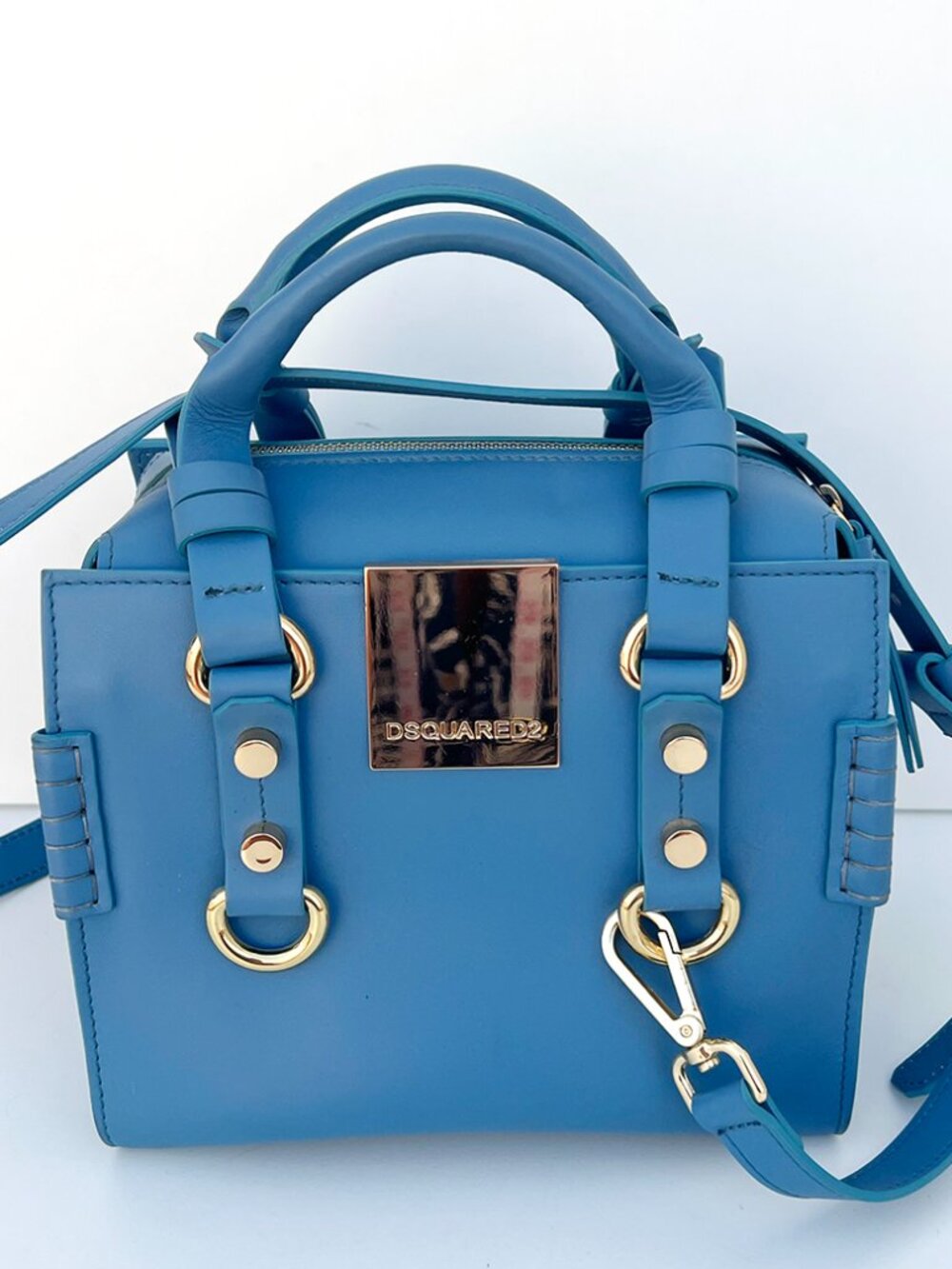 Authentic DSQUARED2 Blue Leather Structured Mini Satchel Crossbody Bag Gold HW